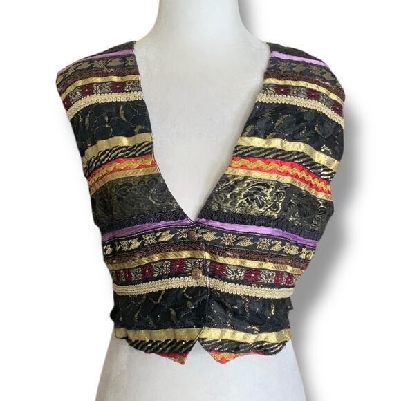 Vintage Contempo Casuals Tapestry Waistcoat Vest Black Gold Red Purple Cropped - Picture 2 of 12